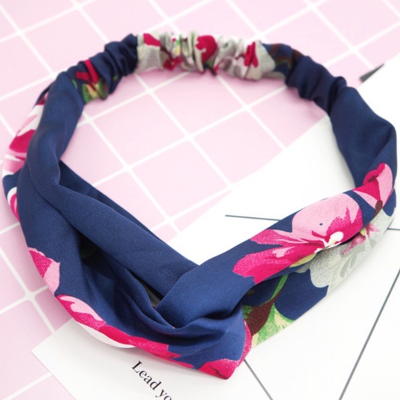 Navy Blue Floral Silk Twist Boho Headband! - Picture 6 of 9